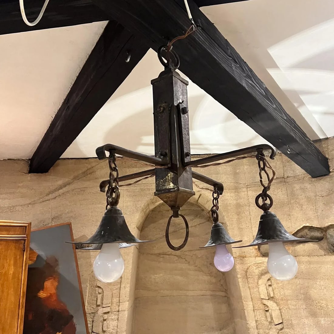 1930s Mission Chandelier Hammered Solid Brass Mexico - 3