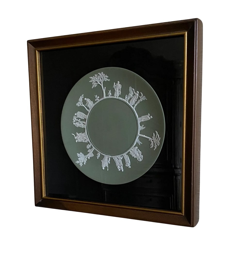 Late 1950s Wedgwood Jasperware Three Sacrifices Sage Green Dinner Plate, Framed: Sage Green Wedgwood Jasperware Dinner Plate, circa 1959. Framed in a very handsome American walnut frame with gold gilt detail and black cloth matting. The pattern is "The Three Sacrifices" and which 