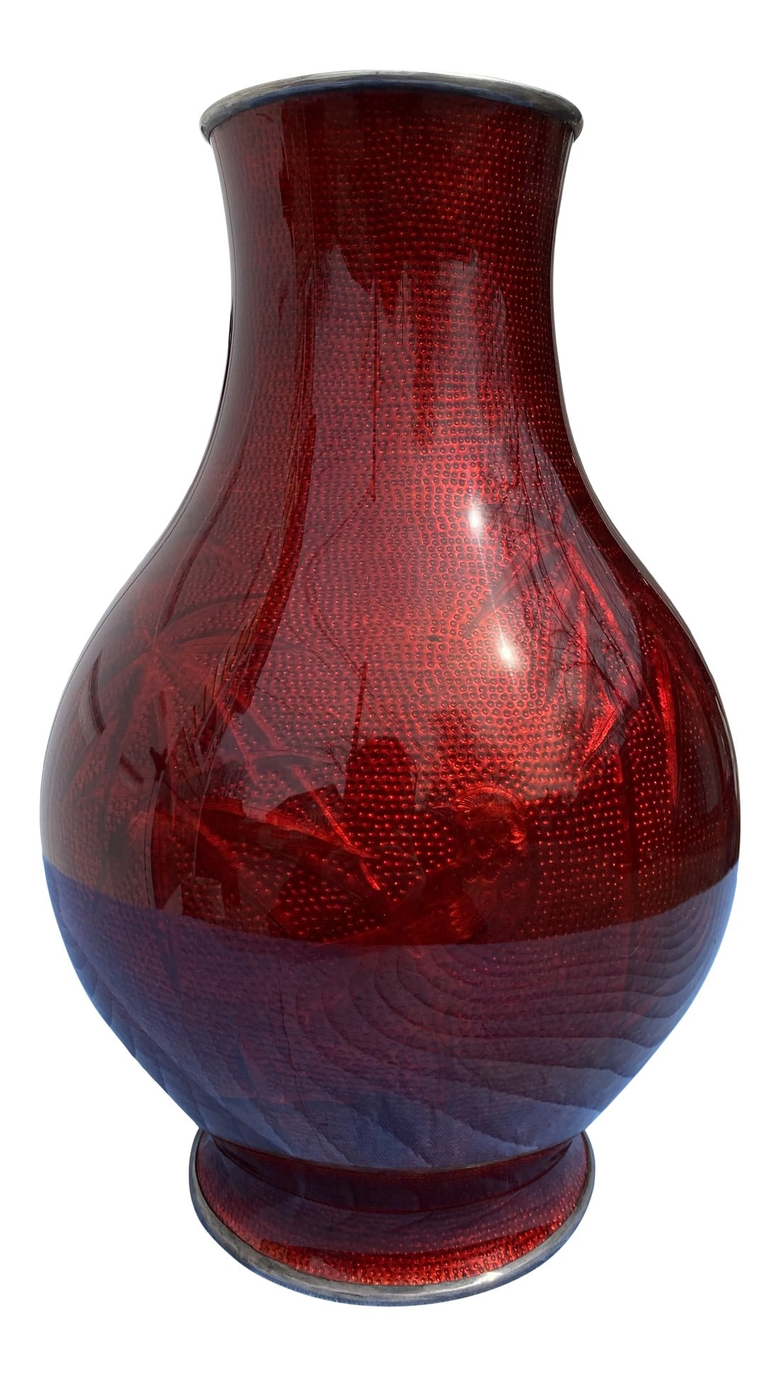 Early 20th Century Red Japanese Cloisonné Vase (Signed): Red Japanese Cloissone Vase. Signed by O.T.A. Hirsaki. Also signed, on the silver mounted rim on the base "Made in Occupied Japan". Circa 1920. Comes with original wooden box. Beautiful piece and