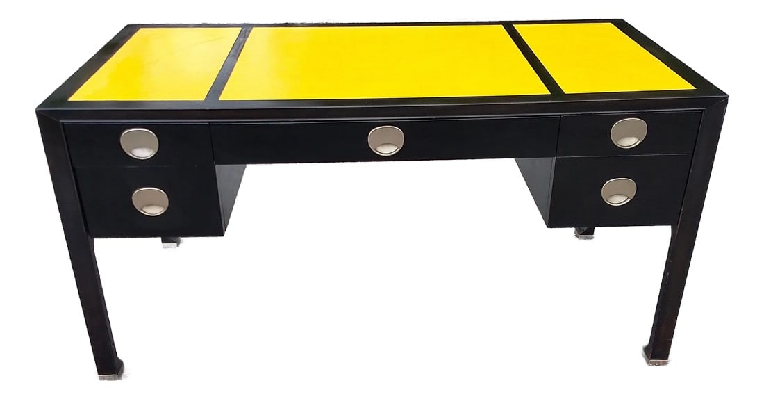 Mid 20th Century Baker Furniture Company Mid Century Asian Modern Style Desk: This is a gorgeous desk from a Madison Ave NYC estate. Made my Baker this black lacquered desk with yellow leather top and chrome accents on the feet has real Mad Men Energy Dimensions: 29"h x 58"w x 