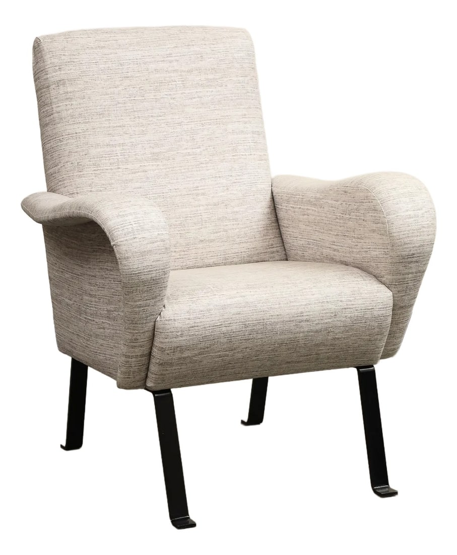 Italian Upholstered Lounge Chair by Luigi Caccia Dominioni: Italian Upholstered Lounge Chair by Luigi Caccia Dominioni for Azucena. The curvy upholstered chair sits atop minimalist enameled steel legs. Luigi Caccia Dominioni 1913–2016 Born in Milan, Ital