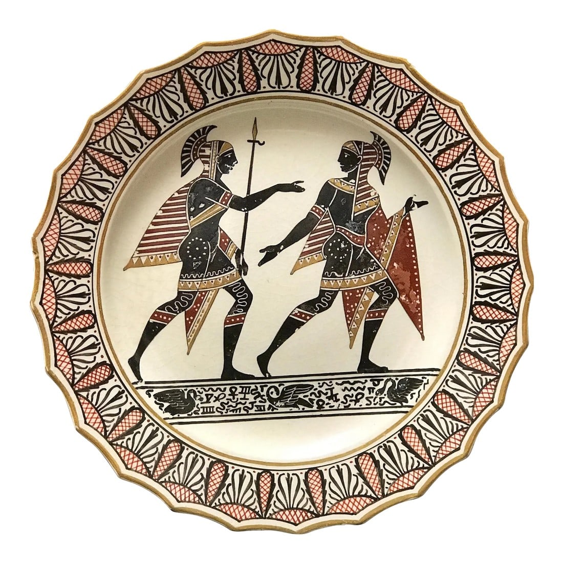 Giustiniani Egyptomania Pottery Plate with Gilt Highlights, Swan Right: Giustiniani Egyptomania pottery plate with gilt highlights, and a central right facing swan Neapolitan manufacture (Biagio Giustiniani & Sons) dated to 1830-1840, impressed script G. Condition:
