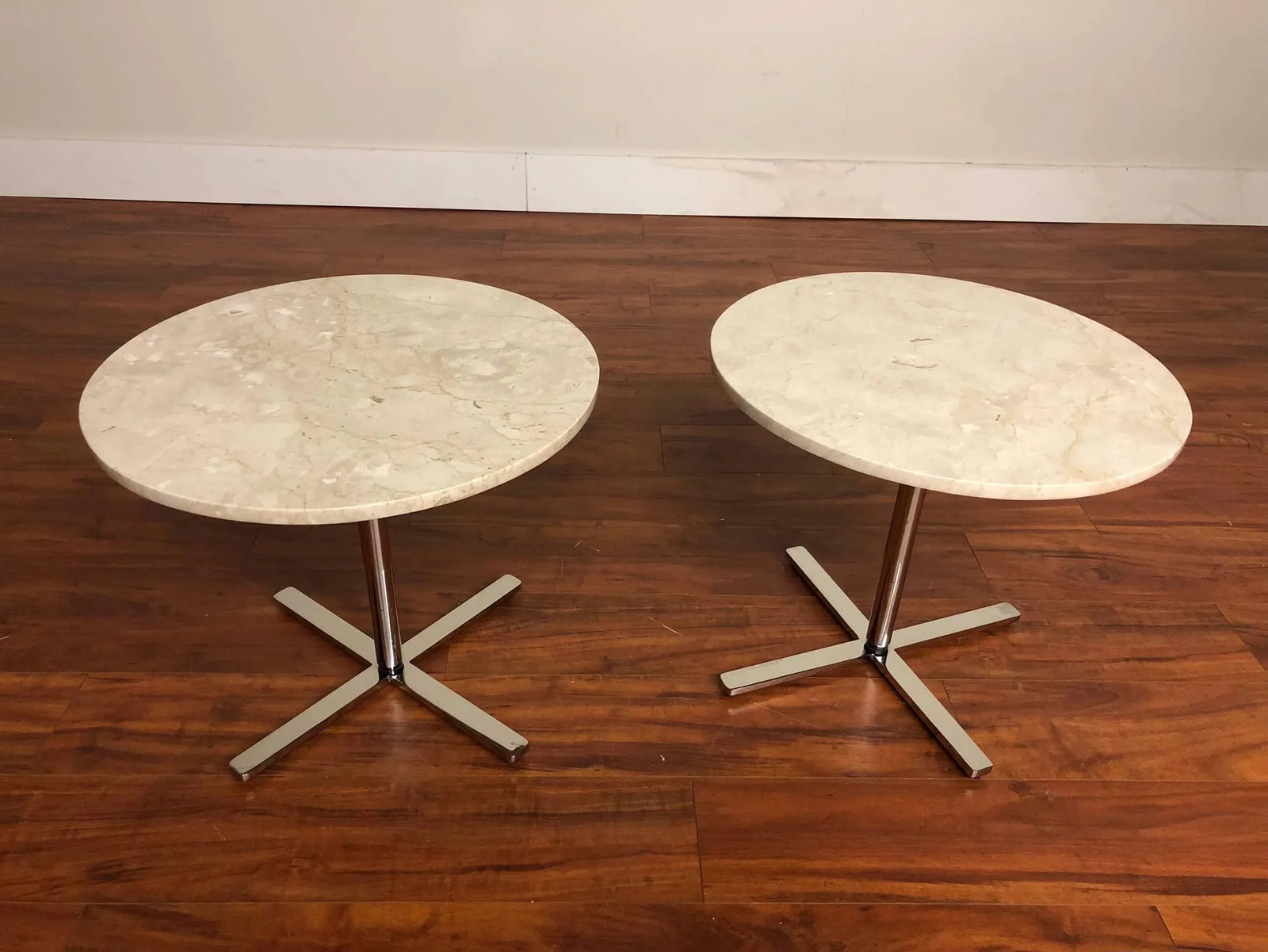 Vintage Travertine & Stainless Side Tables - A Pair - 3