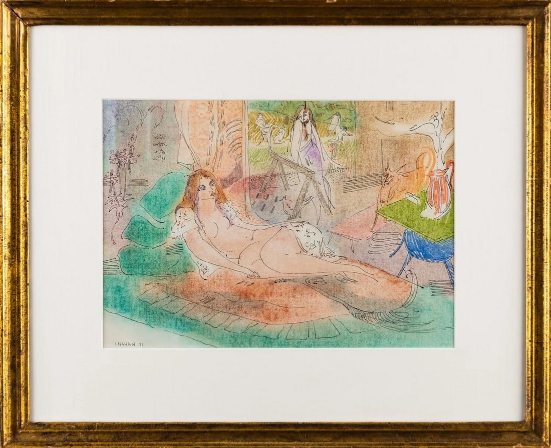 Framed and Signed Hand Colored Lithograph of Nude by Irving Nahan: Languishing Nude by Abraham P. Hankins, Philadelphia A signed color screen print with graphite of Hankins' model/muse languishing on a chaise. Lyrical and free. The artist, Abraham P. Hankins