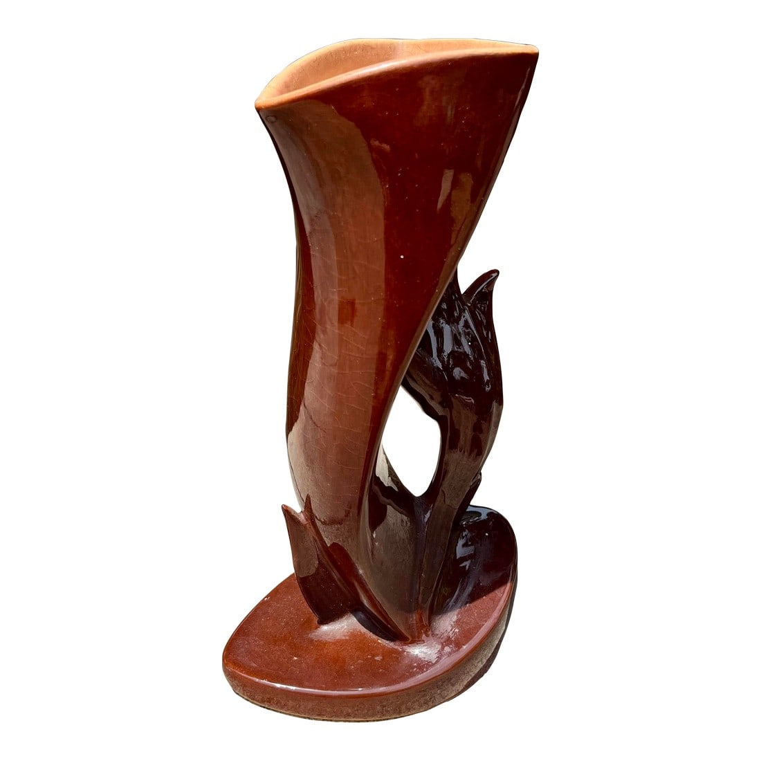 Mid-Century Roseville Mayfair Brown Art Pottery Vase 1004-9: Mid-Century modern free form art pottery vase in a vintage brown glaze. Sleek and interesting design, great art deco style. Condition: Alterations: Original Condition Unaltered Imperfections: Some