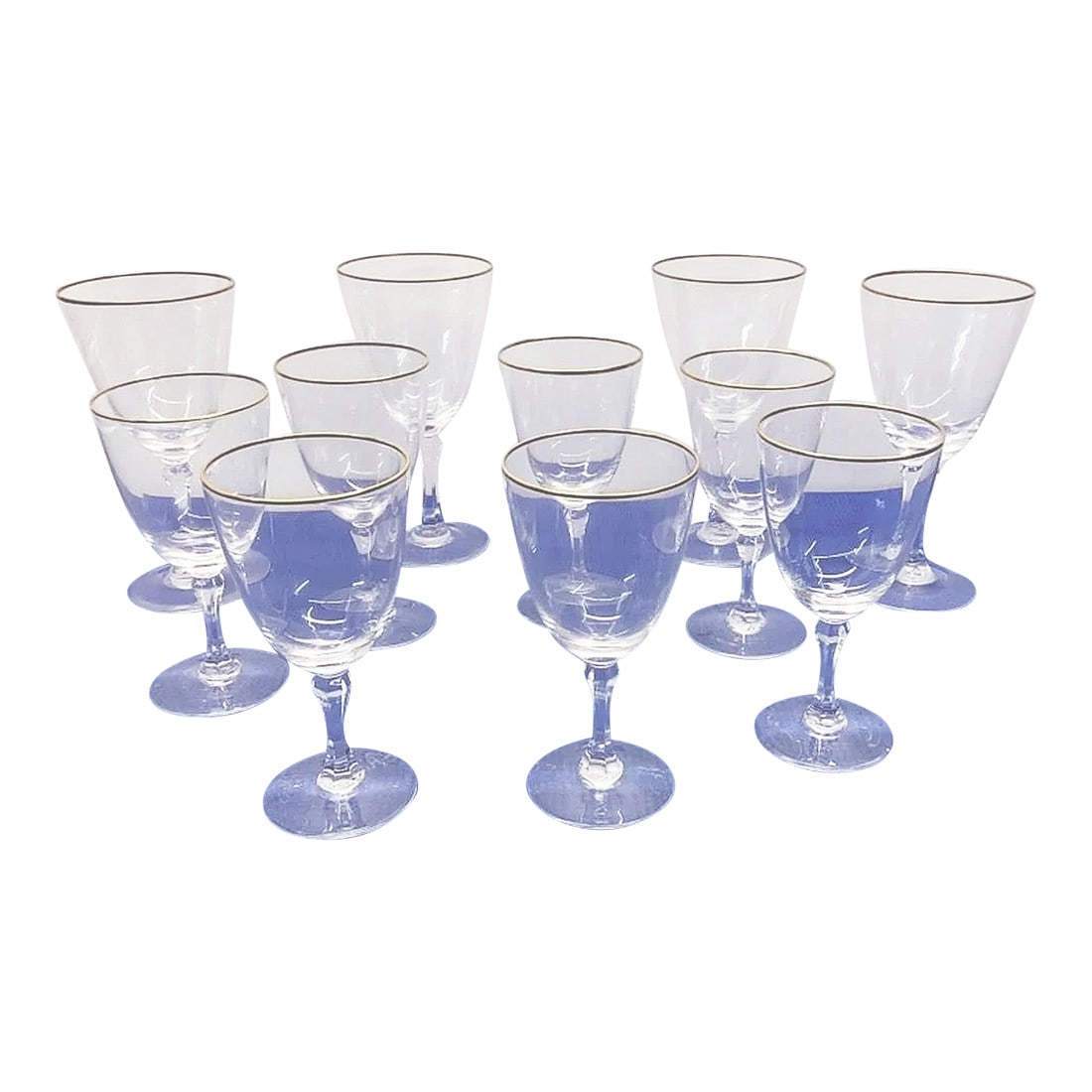 1970s Lenox Stem Wine Glasses Mansfield Gold, Assmebled Set of 10: Simple and elegant, an assembled set of 6 gold 'wedding ring' rimmed wine stem glasses and an additional 4 matching water goblets (or a really phat glass of wine!) by Lenox in their Gold Mansfield pat