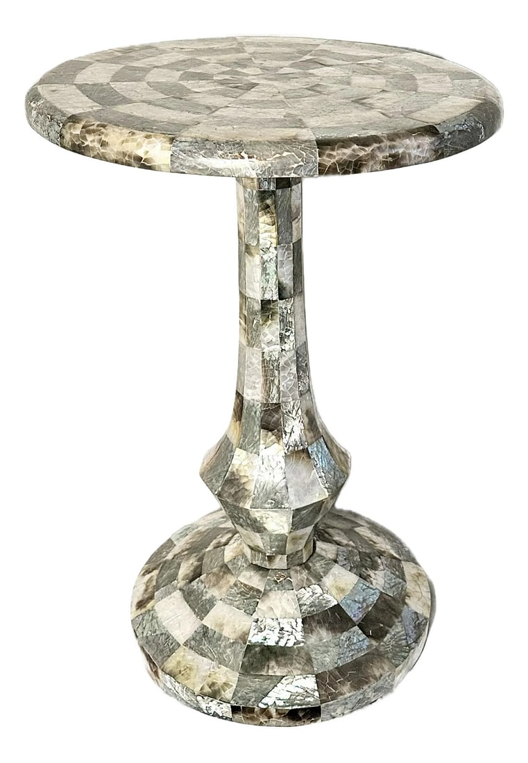 Mother of Pearl Inlay Petite Side Table.: This is a little stunner. It packs quite but powerful little punch to Add a little zing to your room. It can hang with a mellow color pallet but ad a lot of interest. It is completely covered in mothe