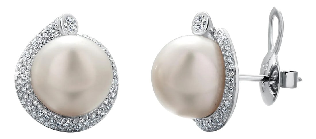14k White Gold 13.4 Millimeter Pearl and Diamond 1.20 Carats Earrings, Set of 2: A Luminous Blend of Classic Pearls and Brilliant Diamonds Enhance your fine jewelry collection with these 14K White Gold Earrings, each showcasing a lustrous pearl measuring approximately 13.4mm and