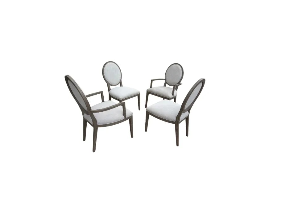 Rh French Contemporary Round Dining Chair Set – Dove Perennials Fabric, Grey Oak Finish- Set - 10
