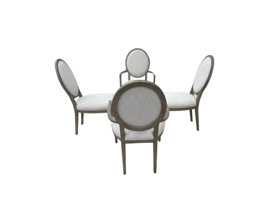 Rh French Contemporary Round Dining Chair Set – Dove Perennials Fabric, Grey Oak Finish- Set - 2