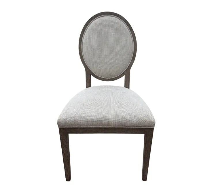 Rh French Contemporary Round Dining Chair Set – Dove Perennials Fabric, Grey Oak Finish- Set - 3