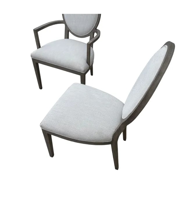 Rh French Contemporary Round Dining Chair Set – Dove Perennials Fabric, Grey Oak Finish- Set - 4