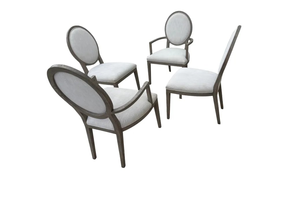 Rh French Contemporary Round Dining Chair Set – Dove Perennials Fabric, Grey Oak Finish- Set - 5