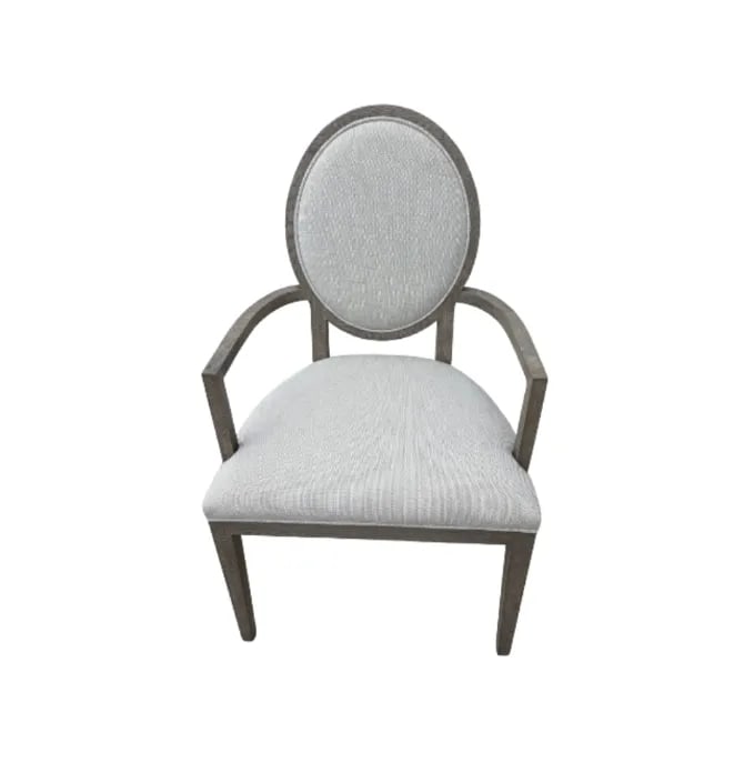 Rh French Contemporary Round Dining Chair Set – Dove Perennials Fabric, Grey Oak Finish- Set - 7