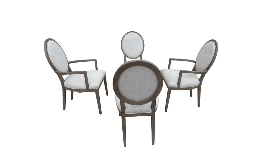 Rh French Contemporary Round Dining Chair Set – Dove Perennials Fabric, Grey Oak Finish- Set - 9