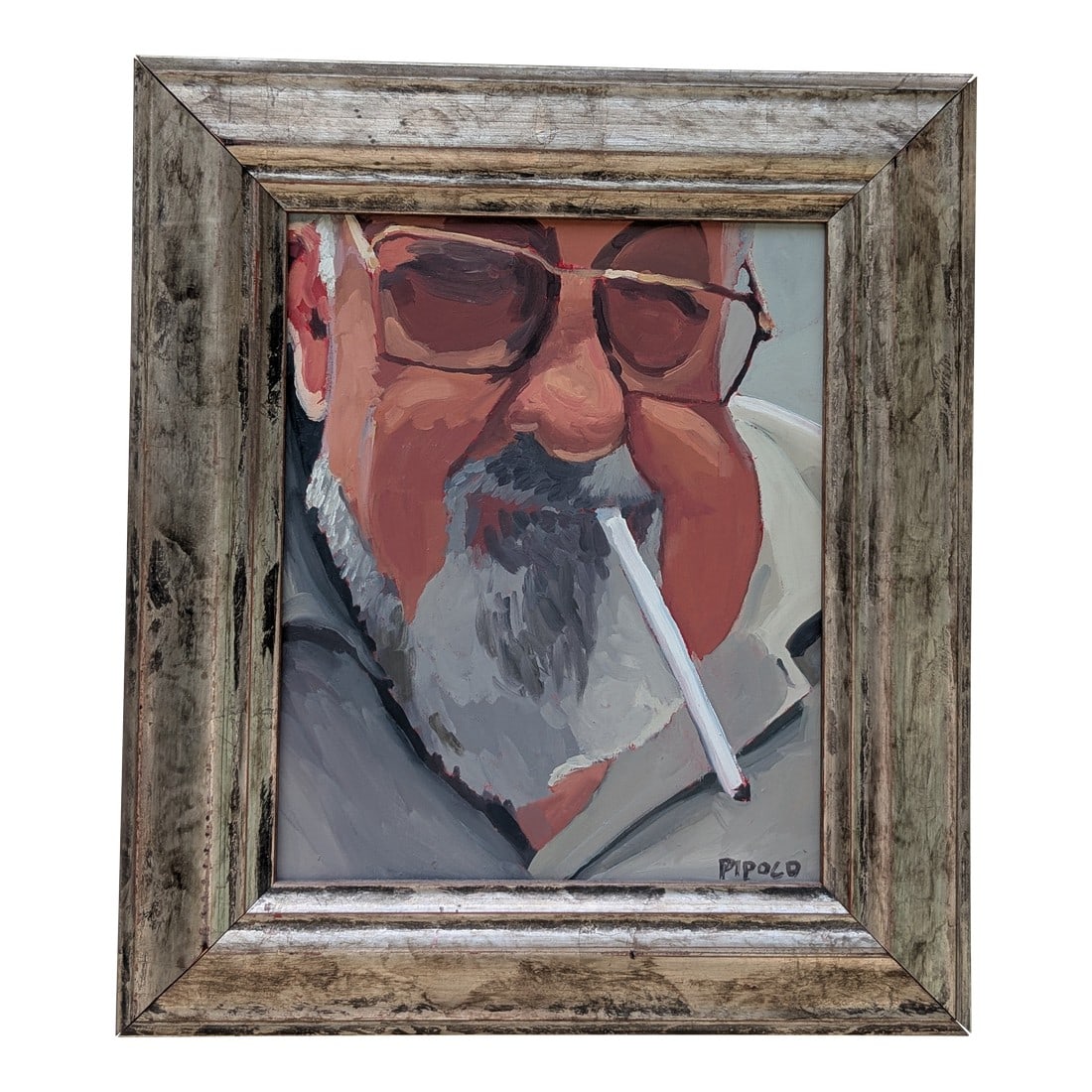Framed Oil Portrait Bearded Man Smoking - Signed Pipold - Oil on Board 14x17: Vintage Framed Oil Portrait Bearded Man Smoking - Signed Pipold - Oil on Board 14x17 Mid Century Art Rich, expressive oil on board showing a silver-bearded gentleman in tinted aviators enjoying a ciga