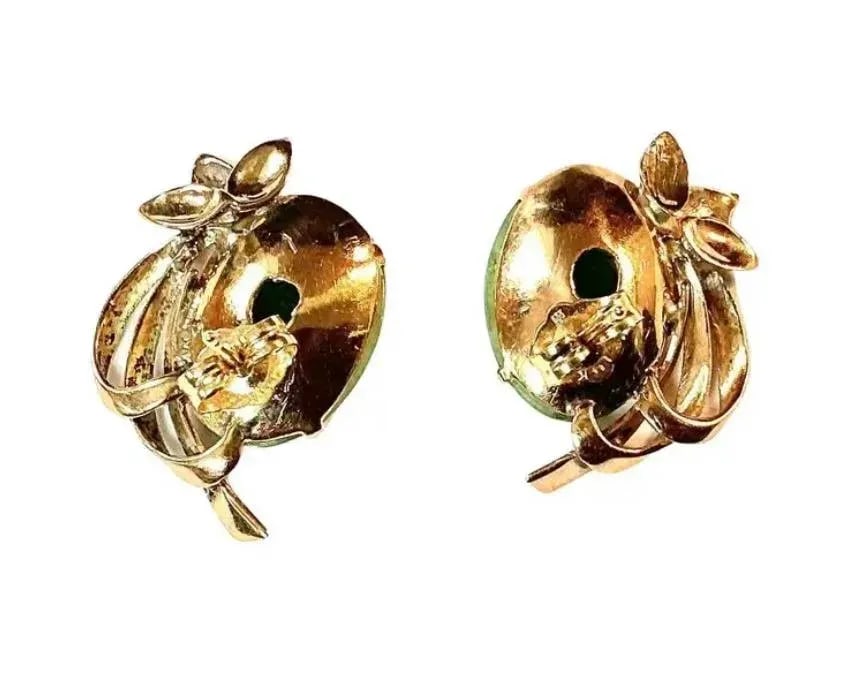 Oval Cabochon Cut Jadeite Earrings, 14k Yellow Gold - 2