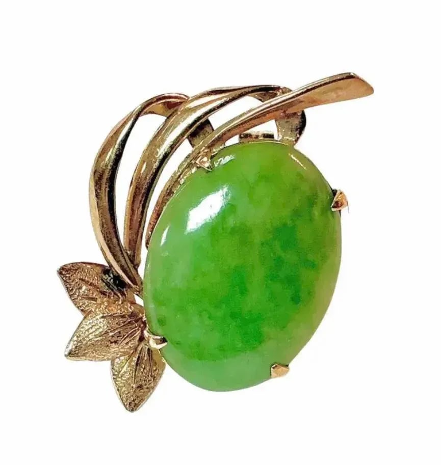 Oval Cabochon Cut Jadeite Earrings, 14k Yellow Gold - 3