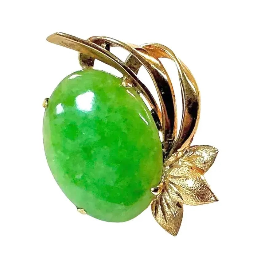 Oval Cabochon Cut Jadeite Earrings, 14k Yellow Gold - 4