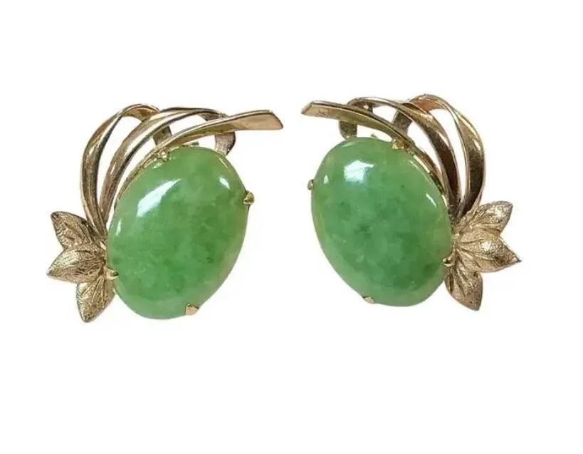 Oval Cabochon Cut Jadeite Earrings, 14k Yellow Gold - 7