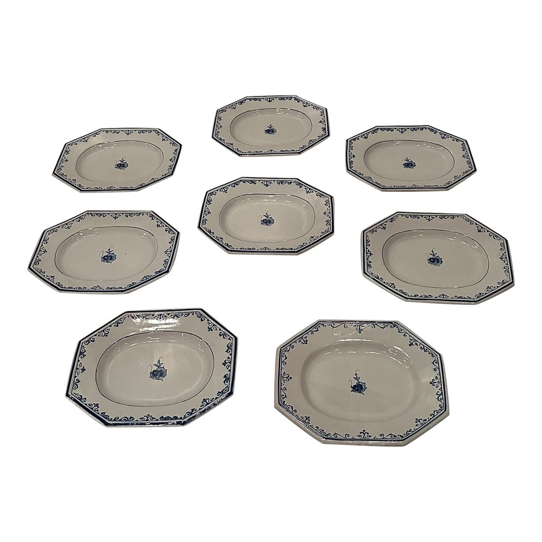 Italian Hand Painted Glazed Octagonal Pottery Plates by Gumps -Set of 8: Wonderful set of 8 blue and white octagonal shaped glazed pottery plates with dolphin motif decoration.. Signed Gumps on the back. Condition: Alterations: Original Condition Unaltered Imperfections: