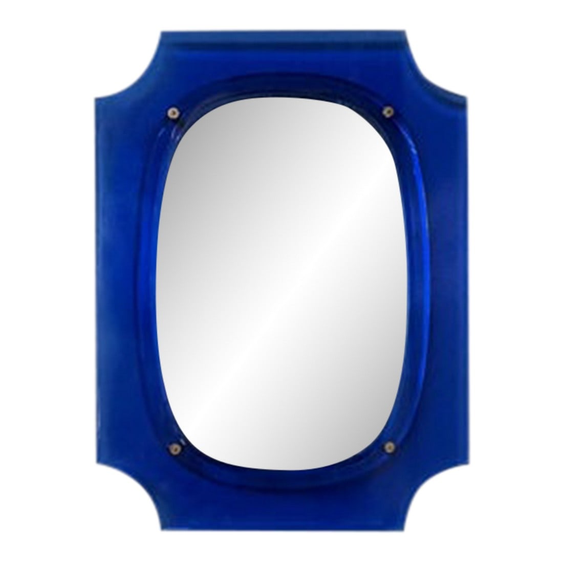 1960s Italian Modern Fontana Arte Style Blue Beveled Mirror: Italian Modern Fontana Arte Style Blue Beveled Mirror. We offer a stunning Italian mid century modern shapely mirror of blue glass and blue beveled mirror surrounding a central silver plate. The