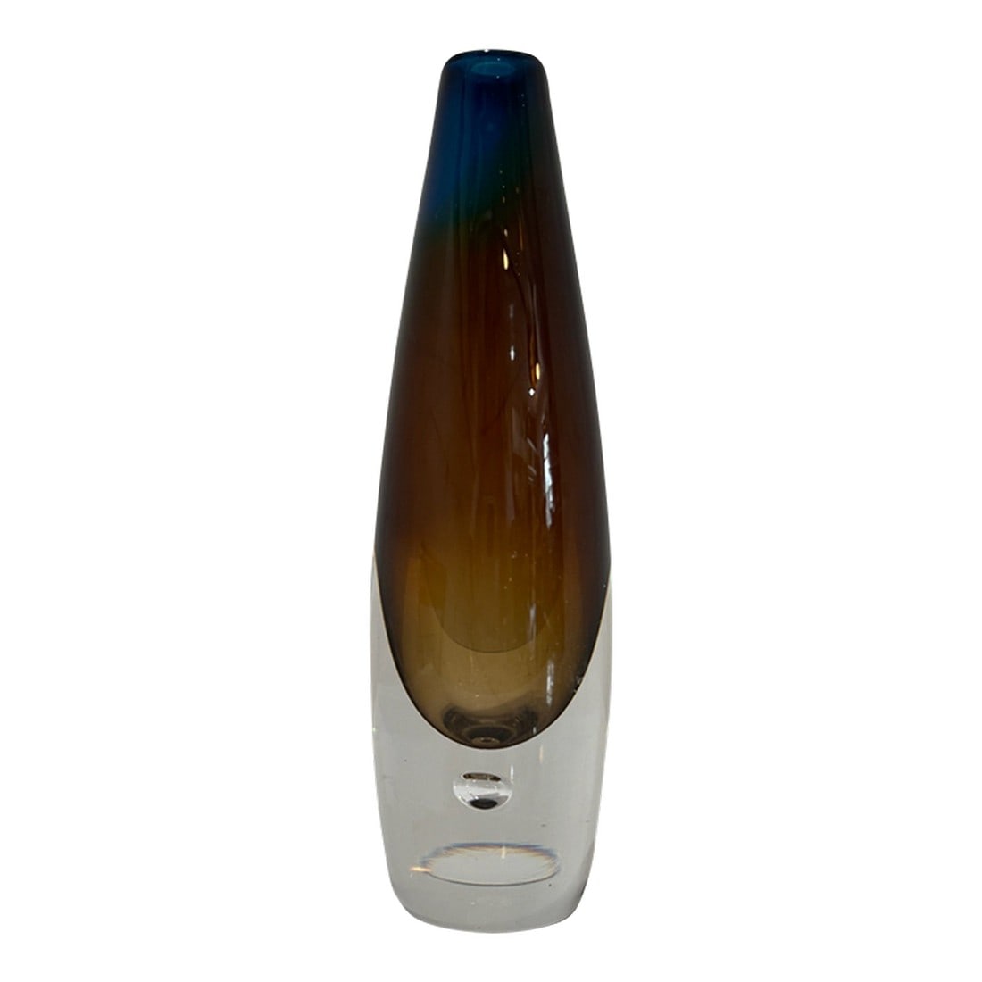 Mid 20th Century Signed Kosta Boda Vicke Lindstrand Art Glass Bud Vase: A striking signed Kosta Boda bud vase designed by renowned Swedish artist Vicke Lindstrand. This elegant piece stands 8.5" tall and measures 2.5" at its widest part, perfectly sized to display a