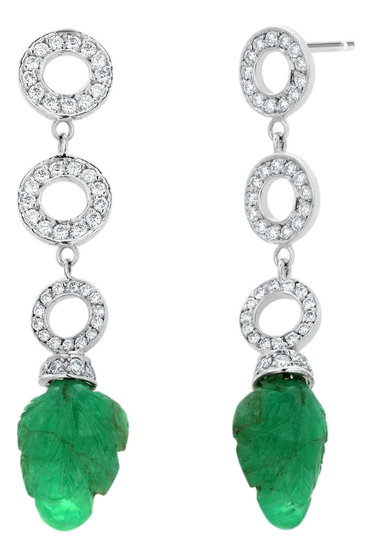 14k White Gold Leaf Carved Colombian Emerald and Diamond Circle Drop Earrings, A Pair: One-of-a-Kind Carved Colombian Emerald & Diamond Drop Earrings (14K White Gold) Handcrafted Luxury: Masterfully made in New York City's Diamond District and set in solid 14K white gold. Exquisite Emer