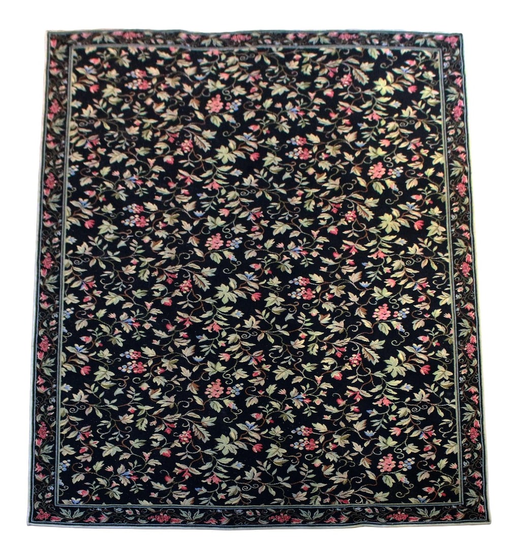 Mid 20th Century Wilton Woven Rug: A fine Wilton Carpet woven in three 7-row strips with separately woven borders. England. Created on a jaccard loom in an entwined grape & leaf motif. Mid-20th century. 6'3/8"x9'5 3/8". Condition: Alte