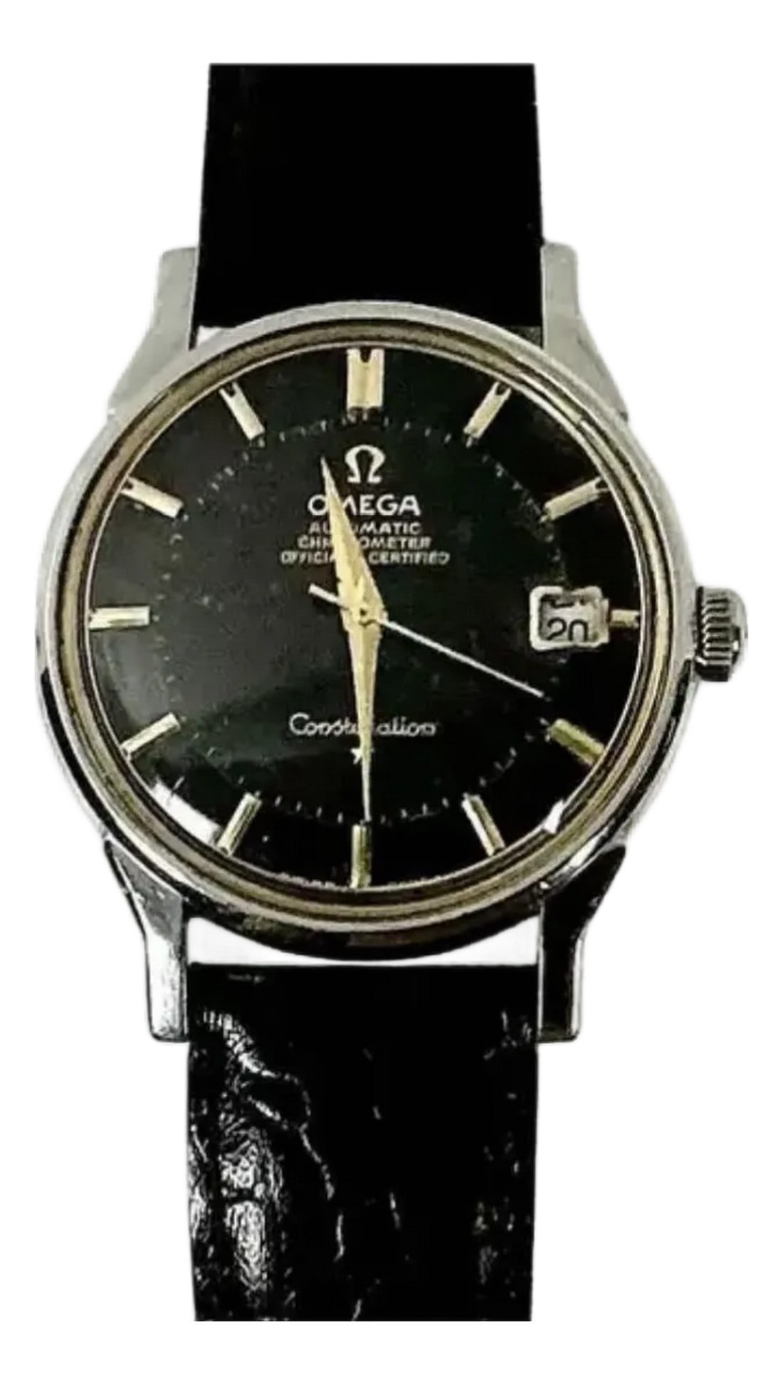 Vintage Omega Black Dial Constellation Watch: Vintage Omega Black Dial Constellation Automatic Wrist Watch. Pre-owned Constellation Omega Watch has a 33mm stainless steel case and beveled black dial. Watch has a luxurious 8 inch alligator grain