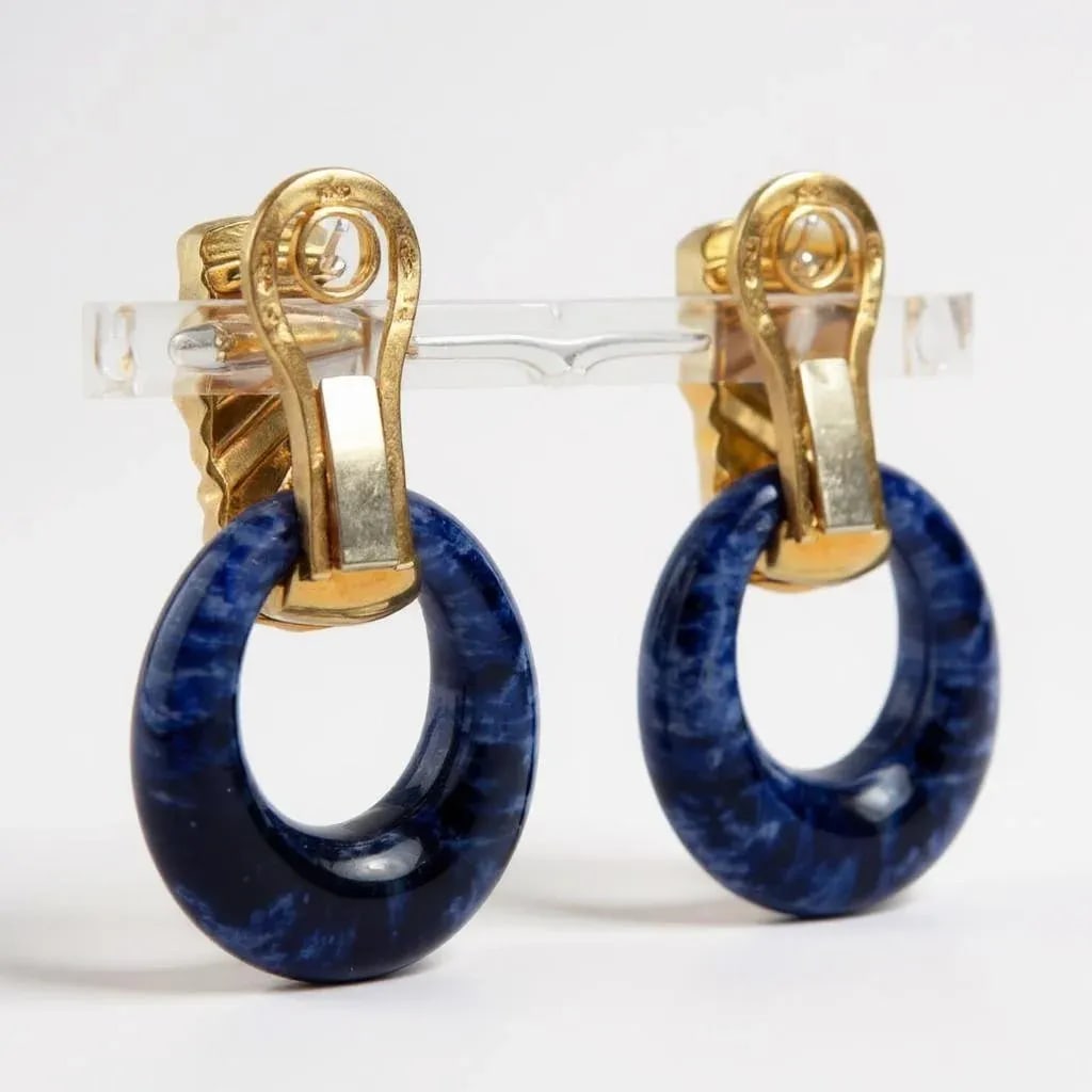 Vintage Fred Paris 18k Yellow Gold Lapis Mother-of-Pearl Enamel Earrings 1980s, A Pair - 10