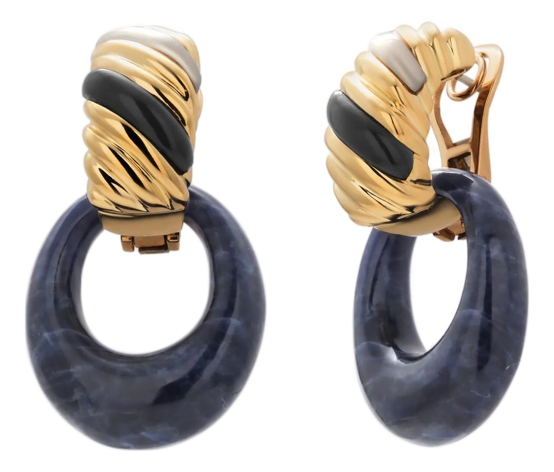 Vintage Fred Paris 18k Yellow Gold Lapis Mother-of-Pearl Enamel Earrings 1980s, A Pair: A Rare Fusion of Versatility and Iconic French Design Step into the refined world of FRED Paris with these vintage 18K yellow gold earrings, distinguished by removable lapis rings and enchanting