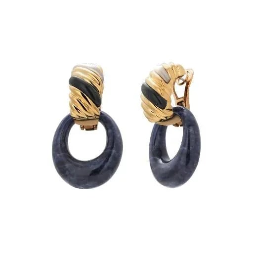 Vintage Fred Paris 18k Yellow Gold Lapis Mother-of-Pearl Enamel Earrings 1980s, A Pair - 2