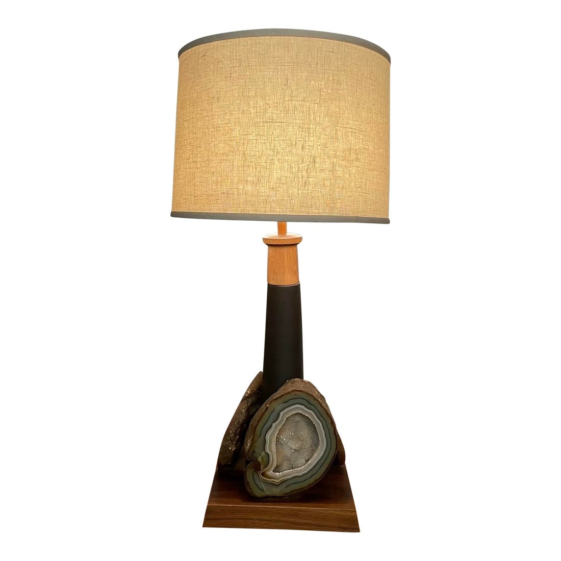 Signed Martz for Marshall Studios Table Lamp With Agate Accent: A signed Martz lamp designed for Marshall Studios, Veedersburg, Indiana, circa mid-20th century. The lamp showcases the studio's hallmark design: a matte dark brown, almost black conical ceramic body