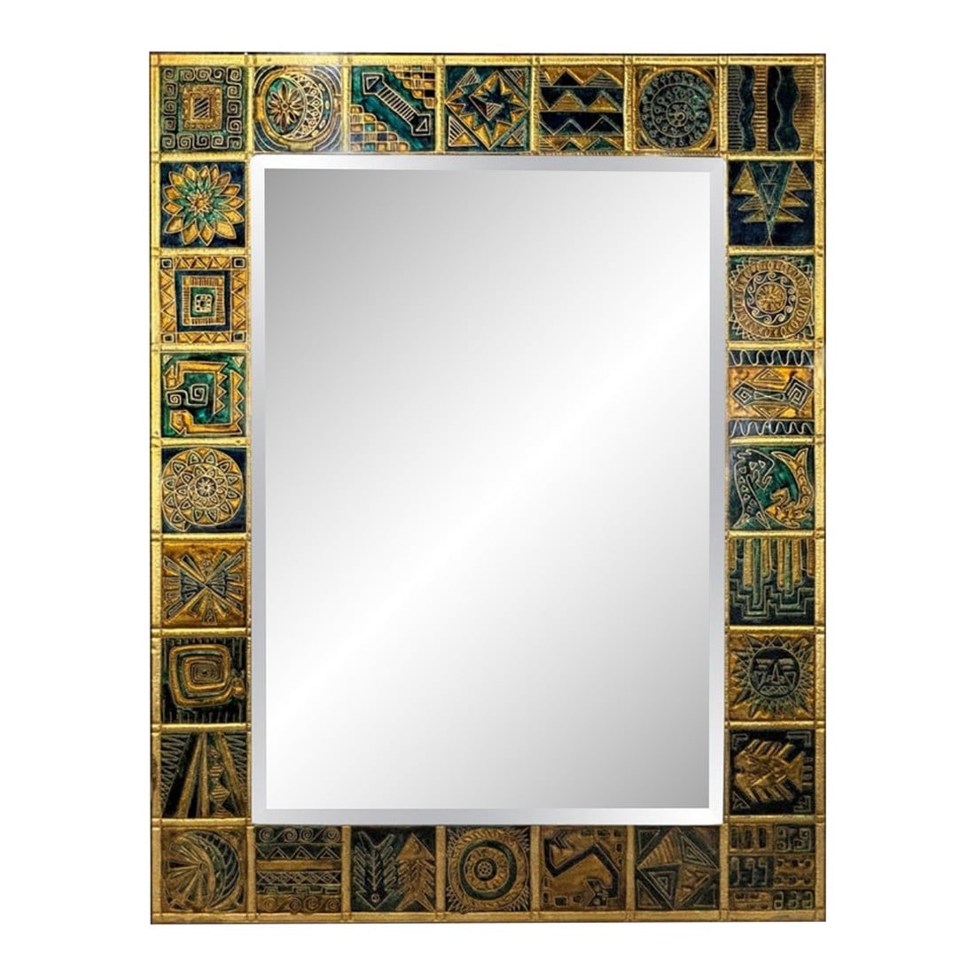 1940s Italian Modern Reverse Decorated Mirror: Italian Modern Reverse Decorated Beveled Mirror. Offered is an unusual Italian Gio Ponti inspired mirror with reverse decorated panels with beautiful absract designs in lovely tones of golds, blues an