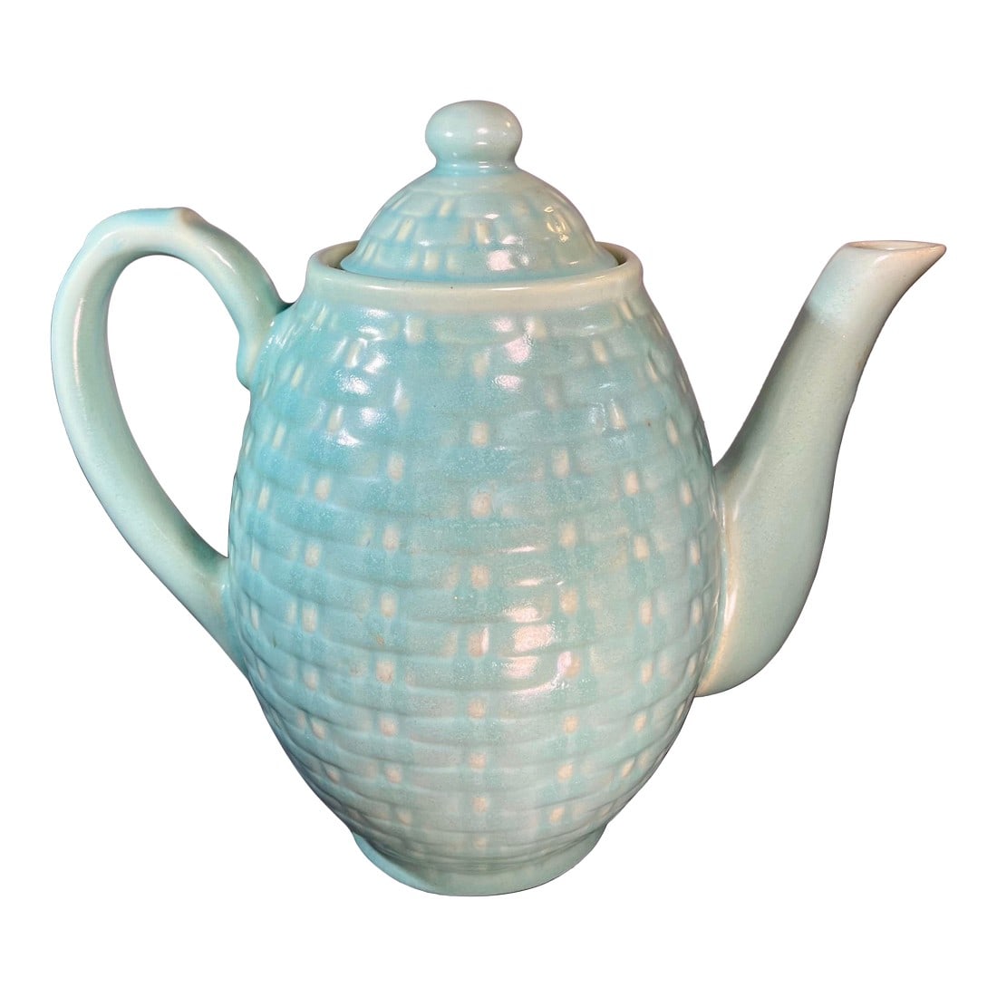 1930s Weller Pierre Basket Weave Art Pottery Lidded Tea Pot: Weller basket weave art pottery teapot in a light turquoise color. Excellent feel and craftsmanship. Marked to underside. Condition: Alterations: Original Condition Unaltered Imperfections: Some