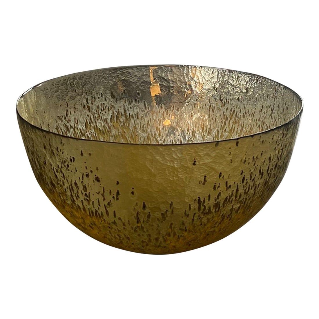 Very Large Scale Handblown Murano Glass Centerpiece Bowl: Impressive very large handblown Murano art glass centerpiece bowl, incredible in scale and glistening material. The glass is a yellow amber with speckled pattern of yellows, green and brown.
