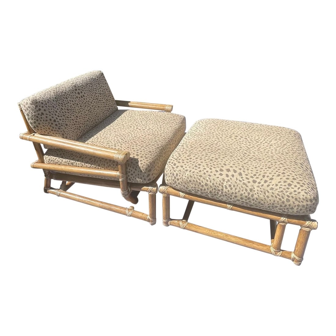 McGuire Vintage Rattan Lounge Chair & Ottoman, an Oversized Set of 2: Gorgeous and rare! This vintage rattan lounge set by luxury brand McGuire of San Francisco is both seldom for sale and sought after by collectors. This set that includes an extra deep and wide lounge
