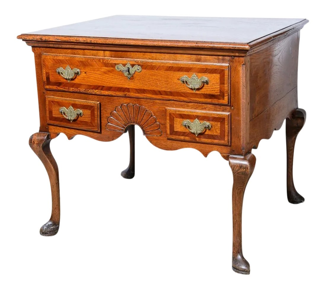 Antique English Elm Low Boy Table: C.1800,Antique Queen Anne style elm low boy with mahogany banding, chased brass hardware on cabriole legs and a pad foot. Shaped apron and a carved fan decorates the front. Condition: Alterations: Ori