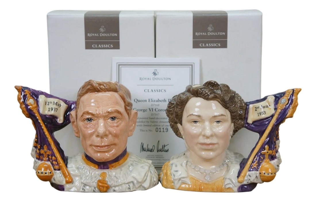 2 Royal Doulton Character Jugs Queen Elizabeth II & George VI Coronation Coa LTD Ed Box (1 of 16)