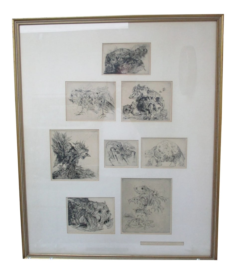 1965 "A Page From Katya's 200" Eight Artist's Proof Etchings by Adrienne Cullom, Framed: Adrienne Cullom 8 Plate Etchings 1965 Artist Proofs Titled "A Page from Katya's 200" Pencil Signed Bevelled Wood Frame Matted behind Glass Plate measurement in order as pictured: 1. 6" x 4" 2. 6 1/2"