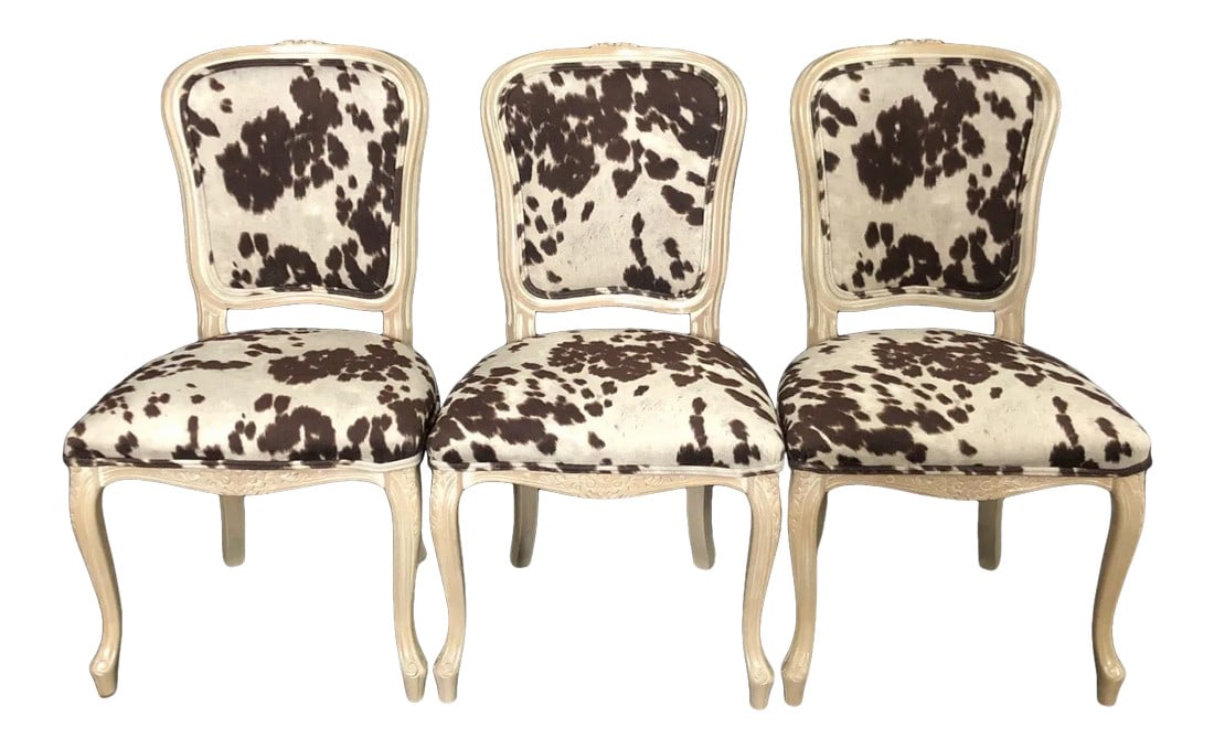 Louis XV Style Bleached Wood Chairs With Faux Hide Upholstery -Set of 3: Stylish spin on classic set of 3 petite Louis XV style bleached carved wood chairs having chic high end faux hide upholstery with double piping detail. seat height 19 #5115 Condition: Alterations: