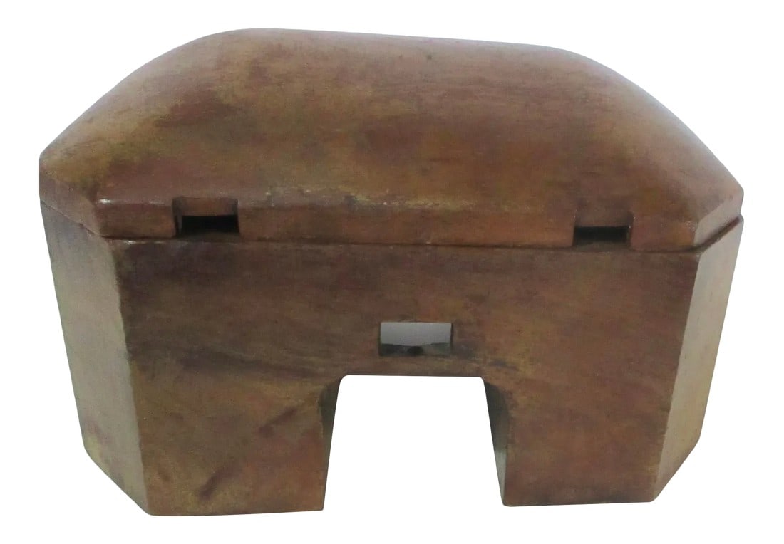 Vintage Hardwood Desk Box 1930s': Handsome hand-made teak desk-box, vintage 30s' lidded box with Art deco design and Arts and Crafts means. A solid block of teak with a hinged domed lid. Simply the best aesthetic consideration of deta