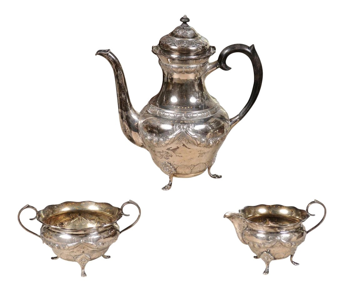 Danish 1930s Johannes Siggaard Three-Piece Silver Coffee Set with Ebony Handle - Set of 3: A three-piece Danish silver coffee set from the mid 20th century, with ebony handle by Johannes Siggaard. Born in Denmark during the third decade of the 20th century, this exquisite silver coffee set 