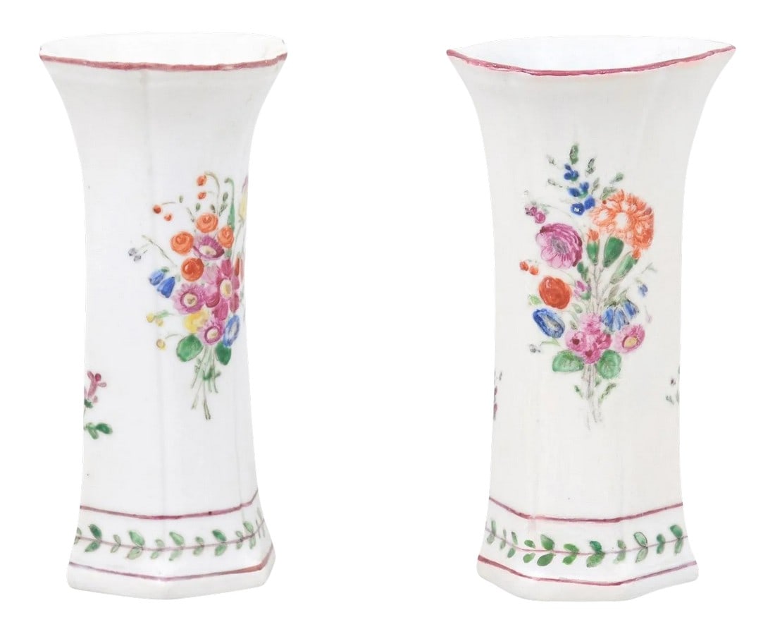 1805 Italian Porcelain Vases with Colorful Painted Floral Motifs - A Pair: A pair of Italian porcelain vases from the early 19th century, with painted floral decor. Created in Italy during the first decade of the 19th century, each of this pair of porcelain vases features a 