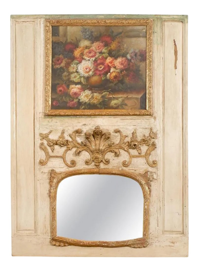 French Louis XV Trumeau Mirror with Original Oil Painting & Carved Gilt Motifs (1 of 11)