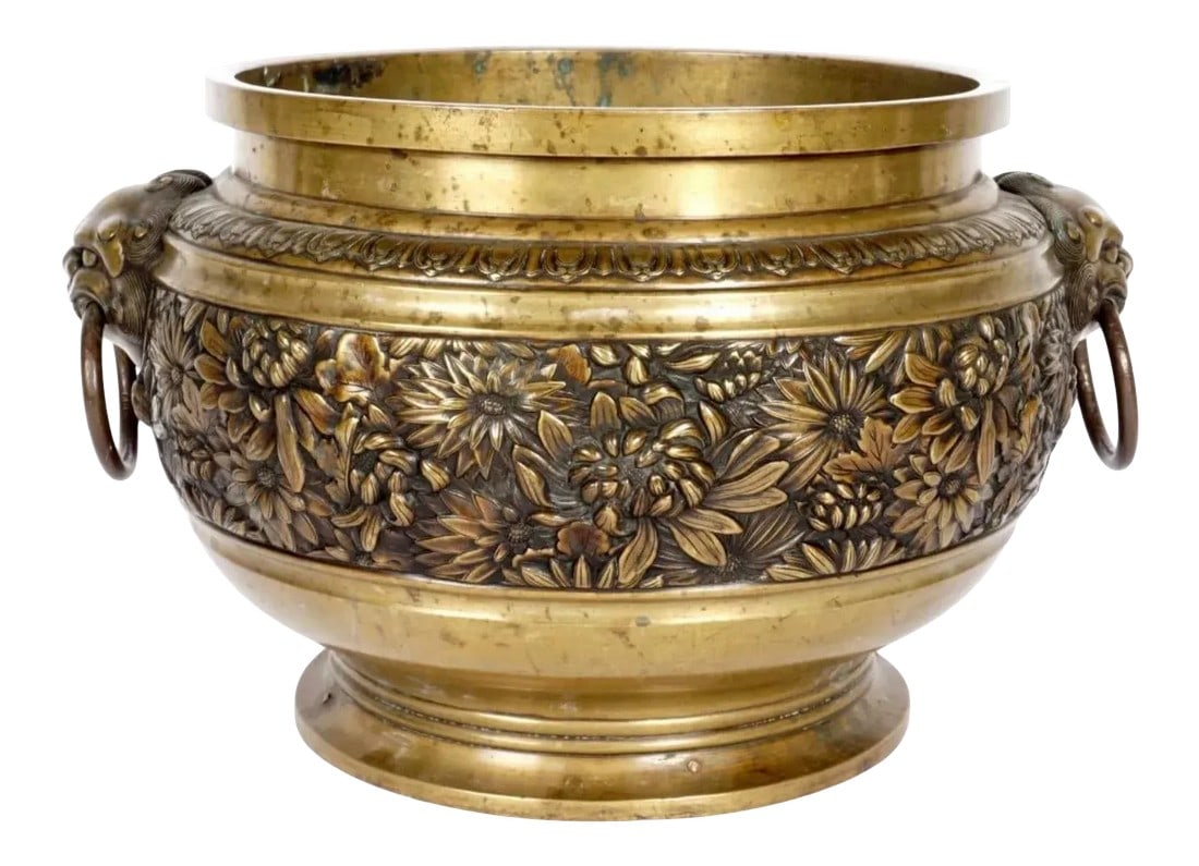 Large Heavy Chinese Cast Gilt Bronze Planter (1 of 10)