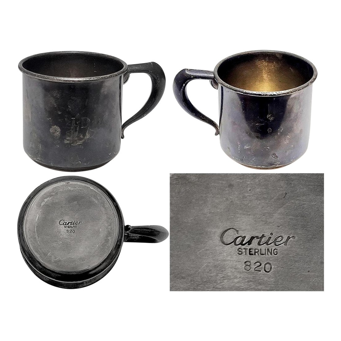 Antique Cartier Sterling Silver Cup Tw 91g Monogram J. D. W. Heavy Patina: A definite one of a kind treasure! An antique Cartier cup, sterling silver TW 91 grams, Monogram on front with initials J. D. W. I overcame the urge to polish it (lol.) I believe collectors prefer the