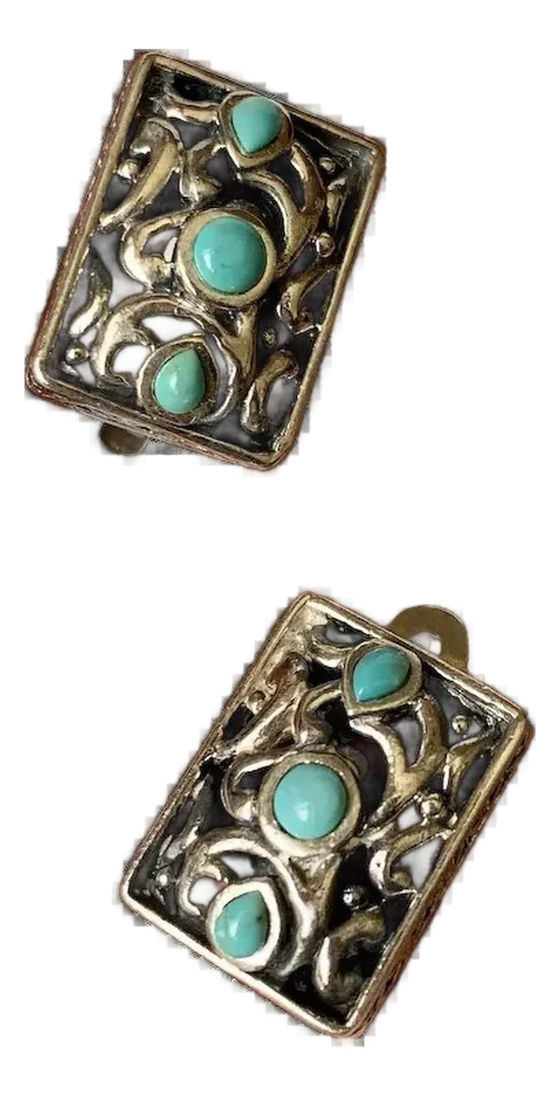 Late 20th Century Sterling and Turquoise Clip-On Earrings, A Pair: These earrings have wonderful detailing that reminds me of John Hardy. They are a fantastic size, measuring 1/2 x 3/8". The filigree work is present on all sides of the rectangular design, and each ha