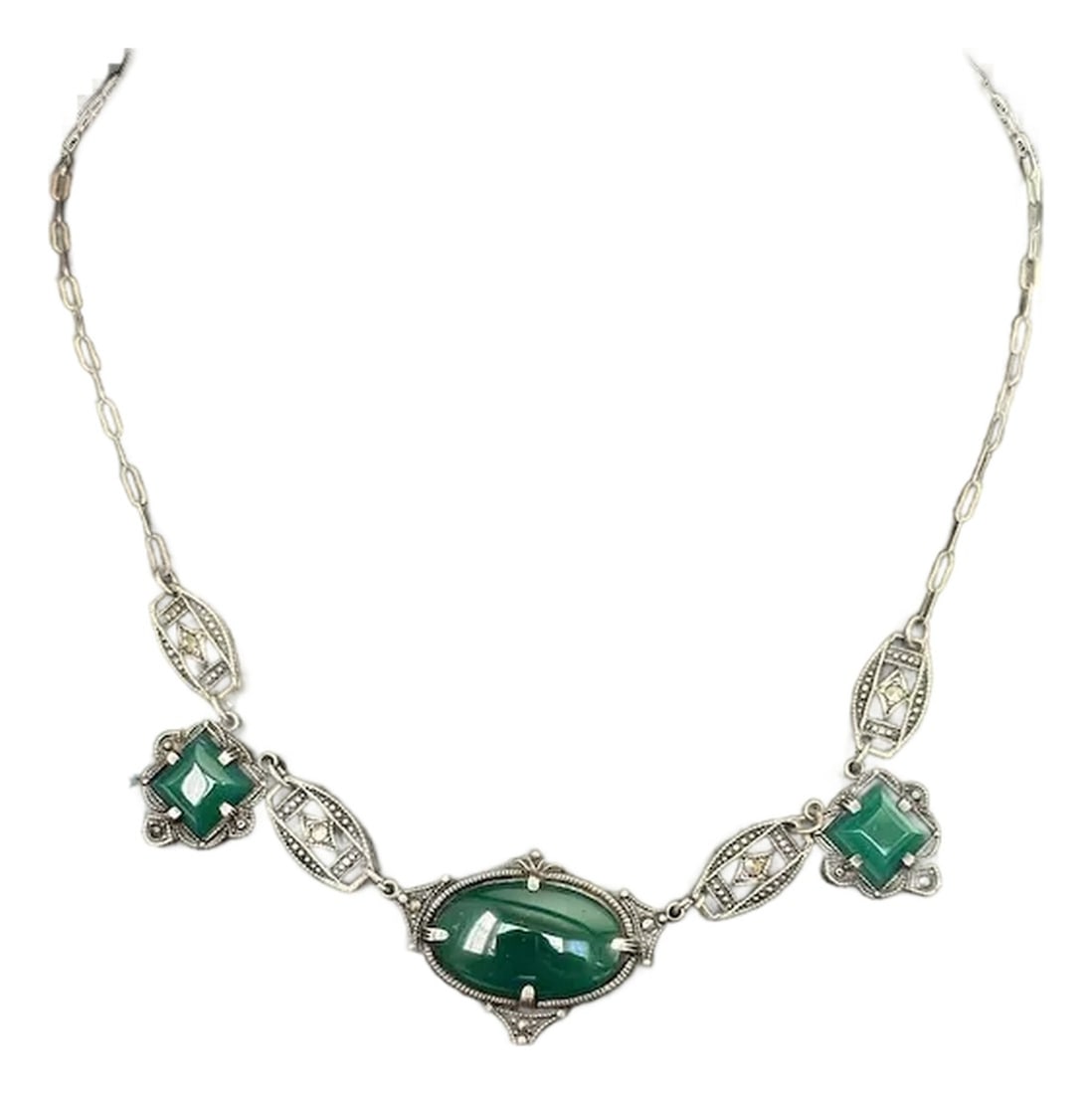 1920s rt Deco Sterling Chrysoprase and Marcasite Necklace: Elegant vintage Art Deco sterling silver, chrysoprase and marcasite necklace. Wonderfully crafted and skillfully designed this necklace is made from sterling silver and features linked panels embellis